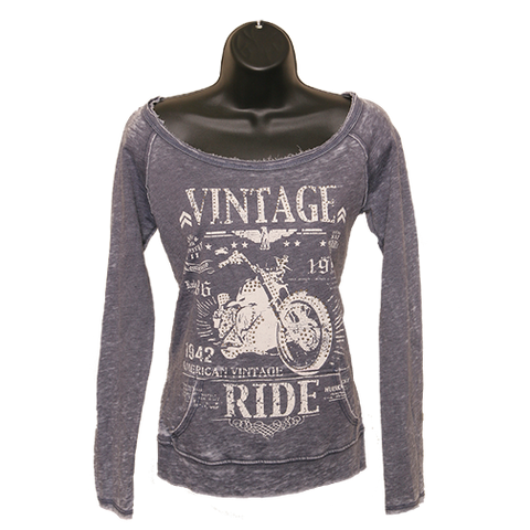 "Vintage Ride" Boat-Neck Sweatshirt - Denim Blue
