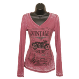 Long Sleeve "Vintage Ride" Motorcycle T-Shirt - Burgundy