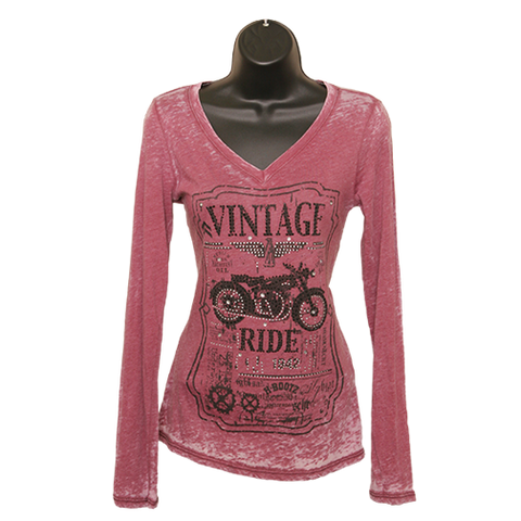 Long Sleeve "Vintage Ride" Motorcycle T-Shirt - Burgundy